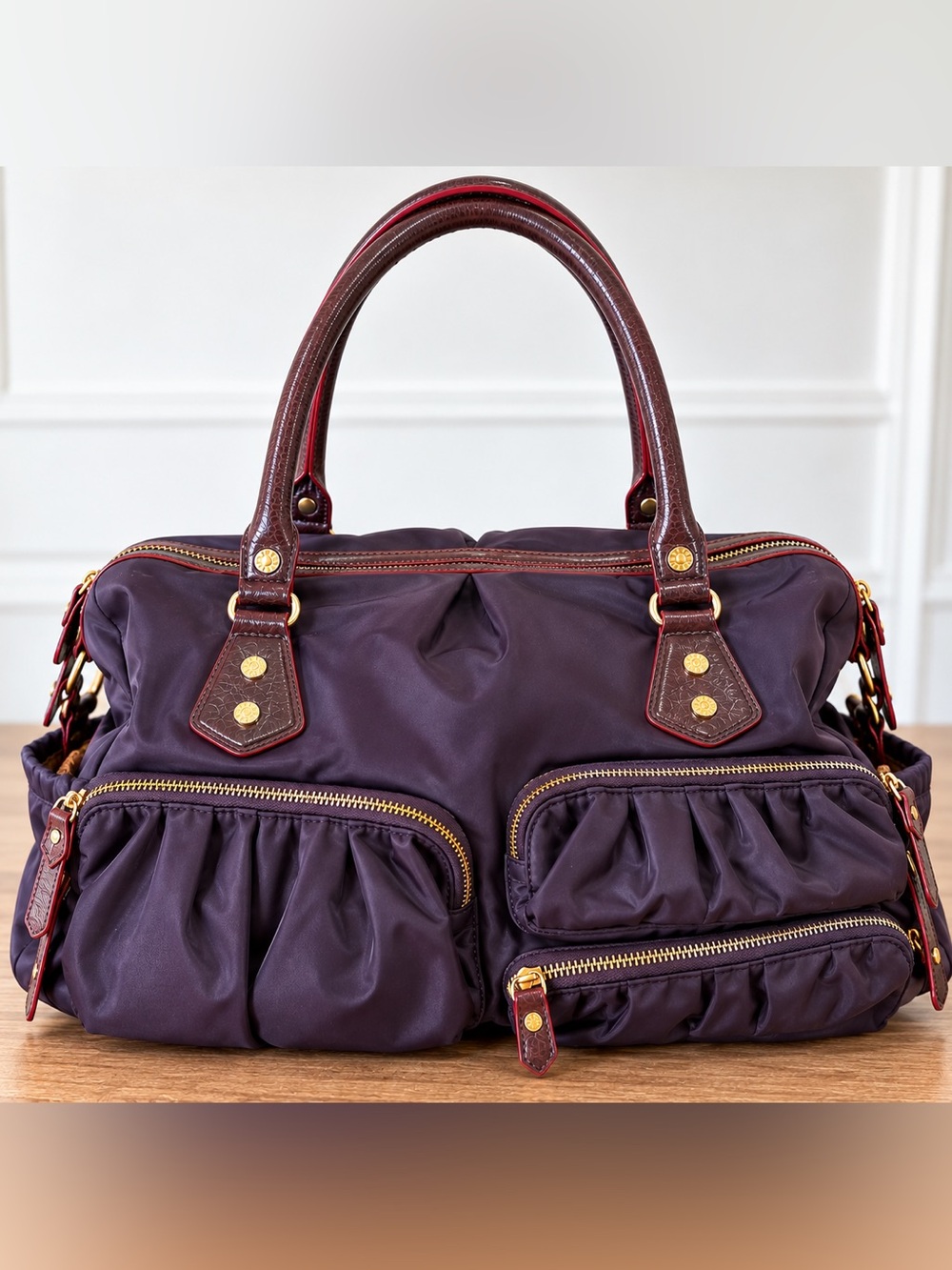 MZ Wallace Vintage Bedford Plum Nylon Ruched Satchel Handbag Y2K